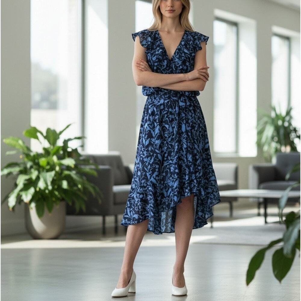 Parker Blue Floral Silk Chiffon Midi Dress XXL Party Work High Low Designer $388